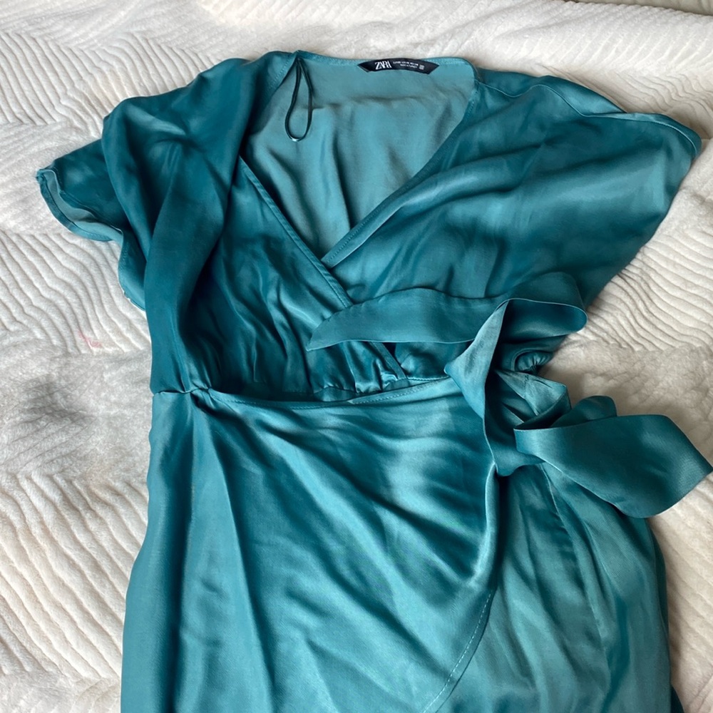 Zara teal green satin mini wrap dress